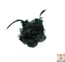 Black Rose hair accessory with netting and feather